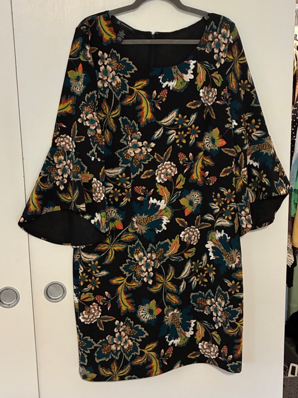 INC Black Floral Shift Dress with Bell Sleeves